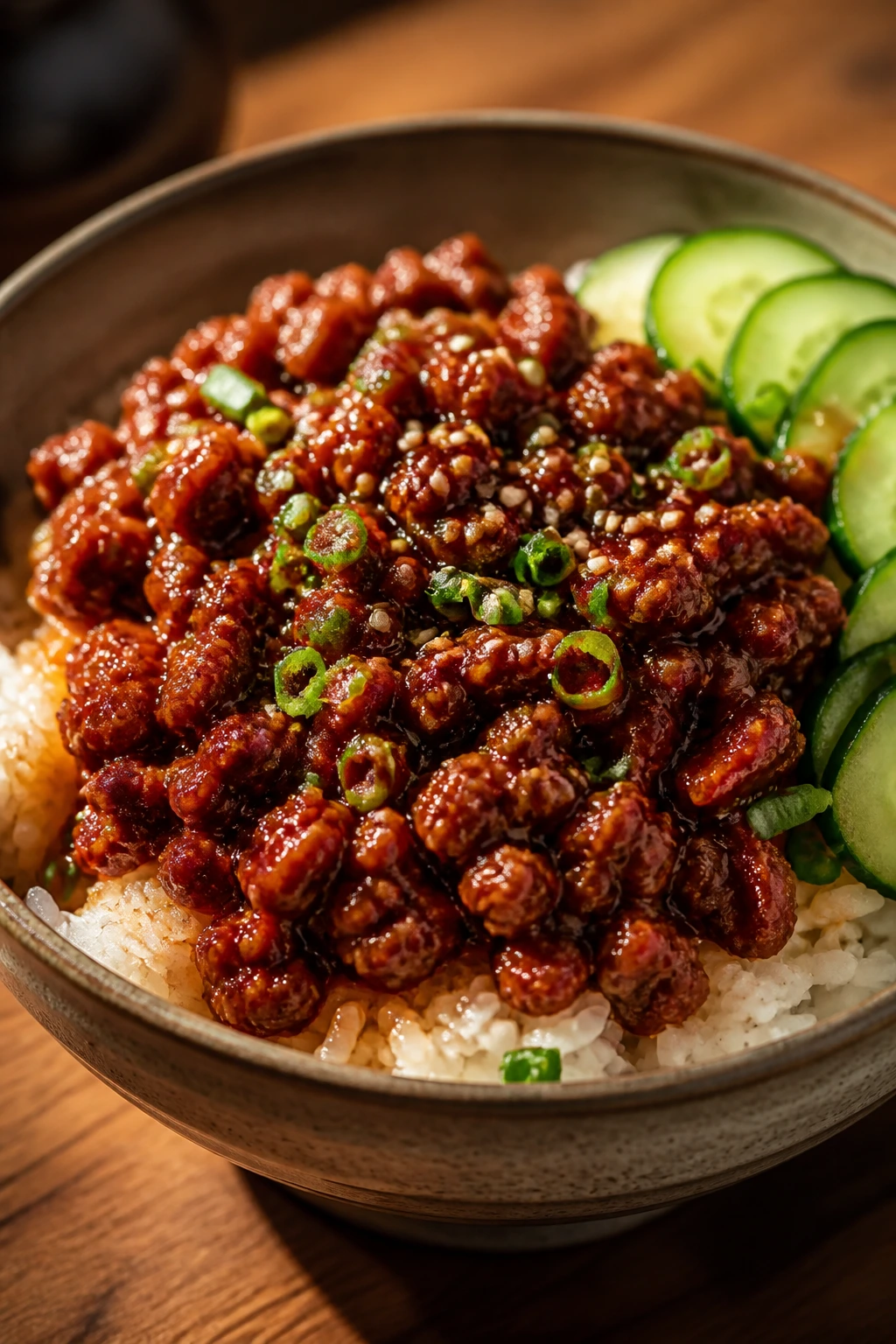 Gochujang beef over rice with cucumber topping in a bowl