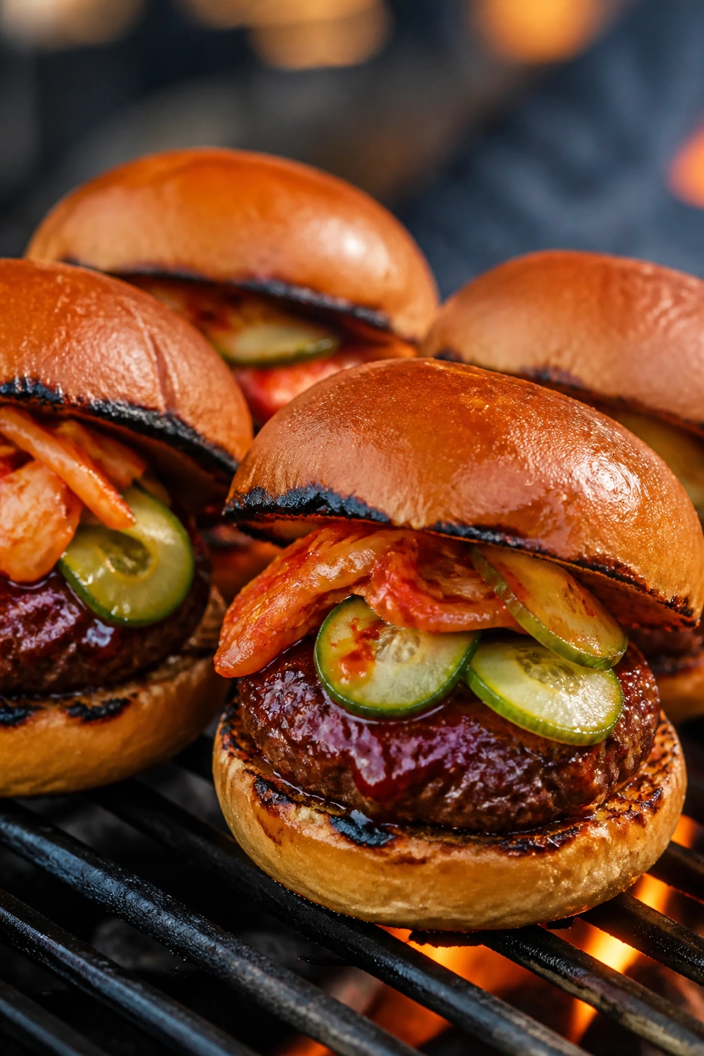 Beef slider with gochujang glaze and kimchi on a toasted bun