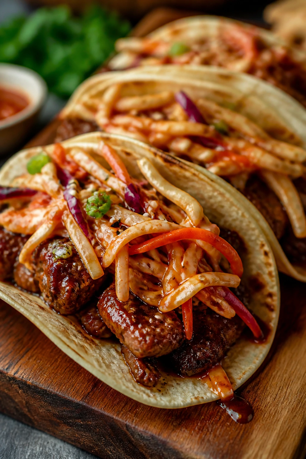 Beef taco with gochujang glaze and sesame slaw