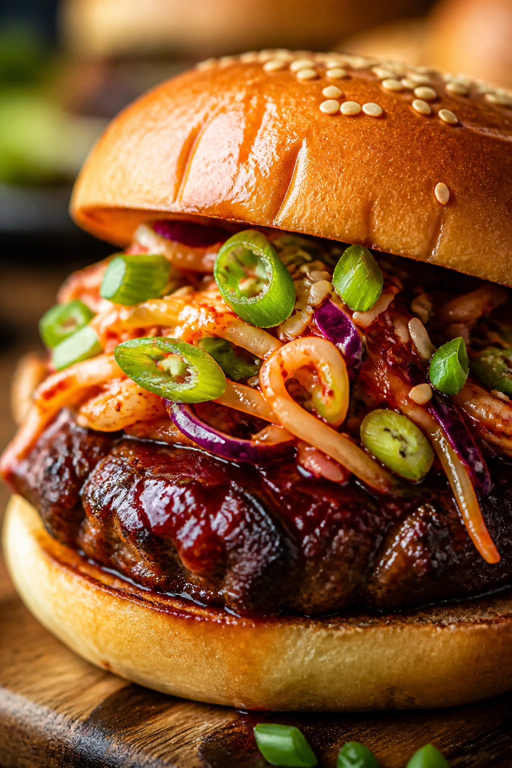 Close-up Korean gochujang burger with cabbage slaw and sesame seeds