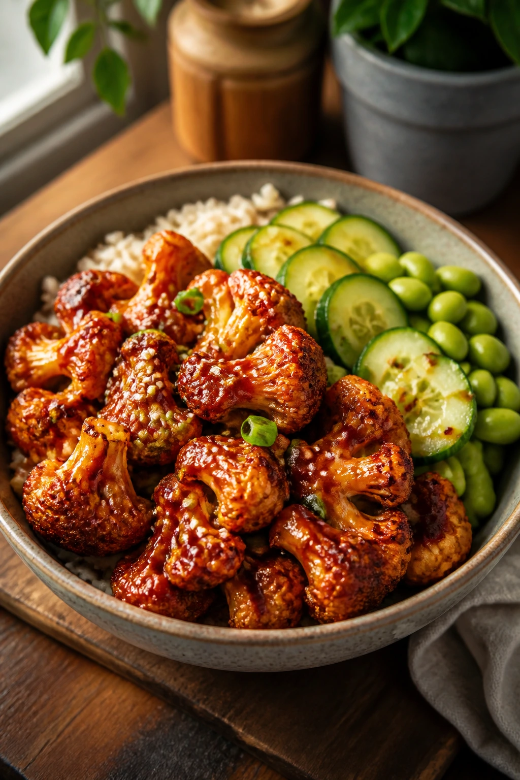 Cauliflower with gochujang glaze and edamame in a bowl