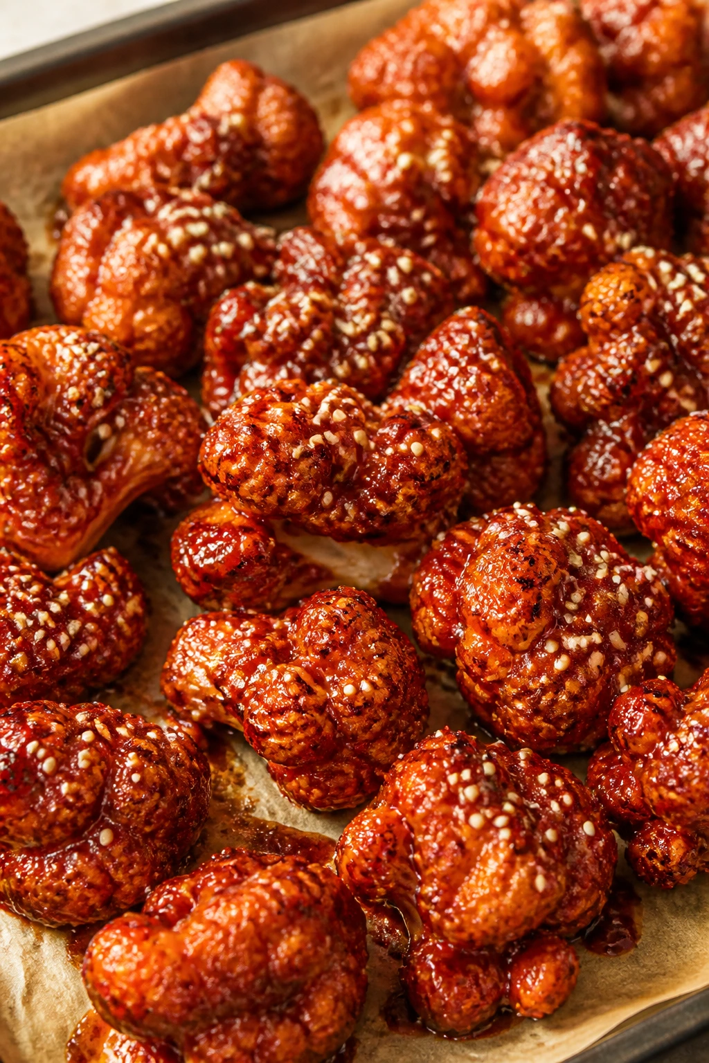 Close-up of gochujang glazed cauliflower wings with sesame seeds on parchment