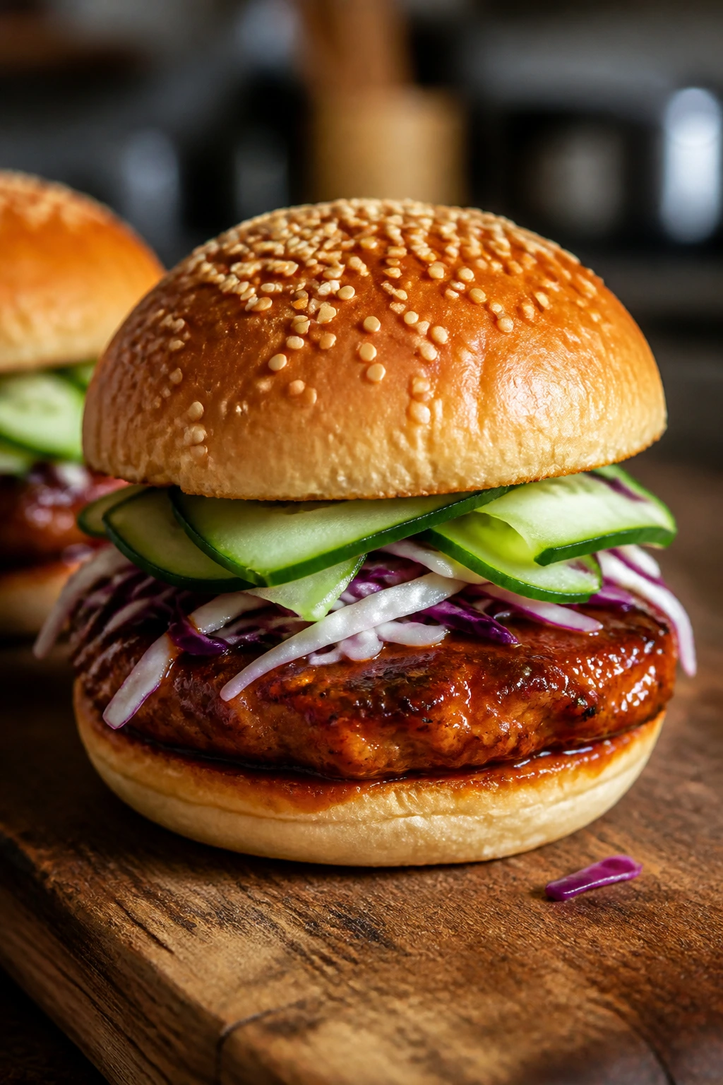 Korean gochujang chicken slider with cucumber and cabbage on wooden board