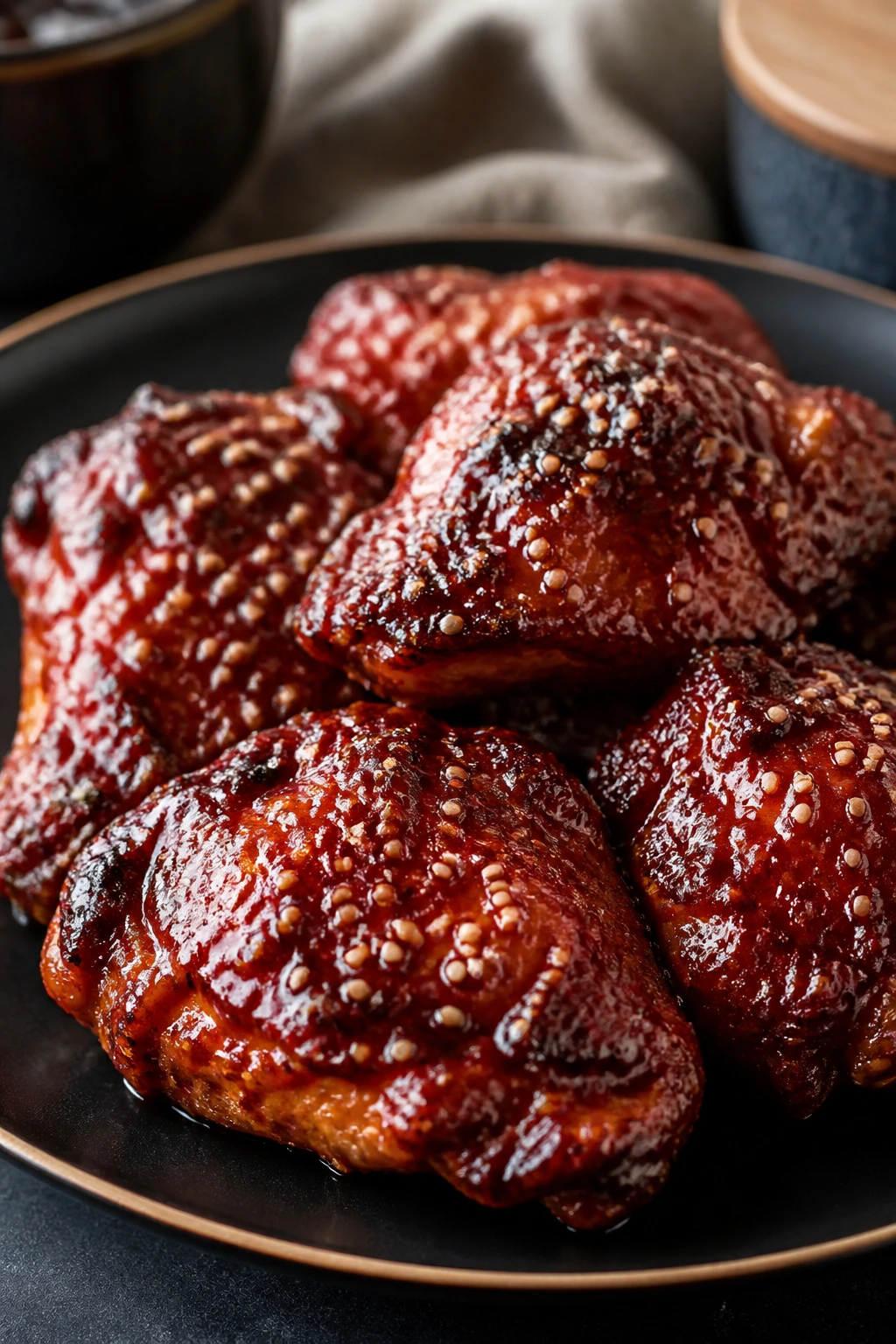 Lacquered gochujang chicken thighs on a plate