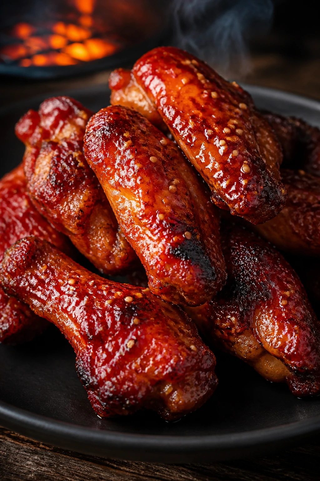 Close-up of sticky gochujang glazed chicken wings on a plate