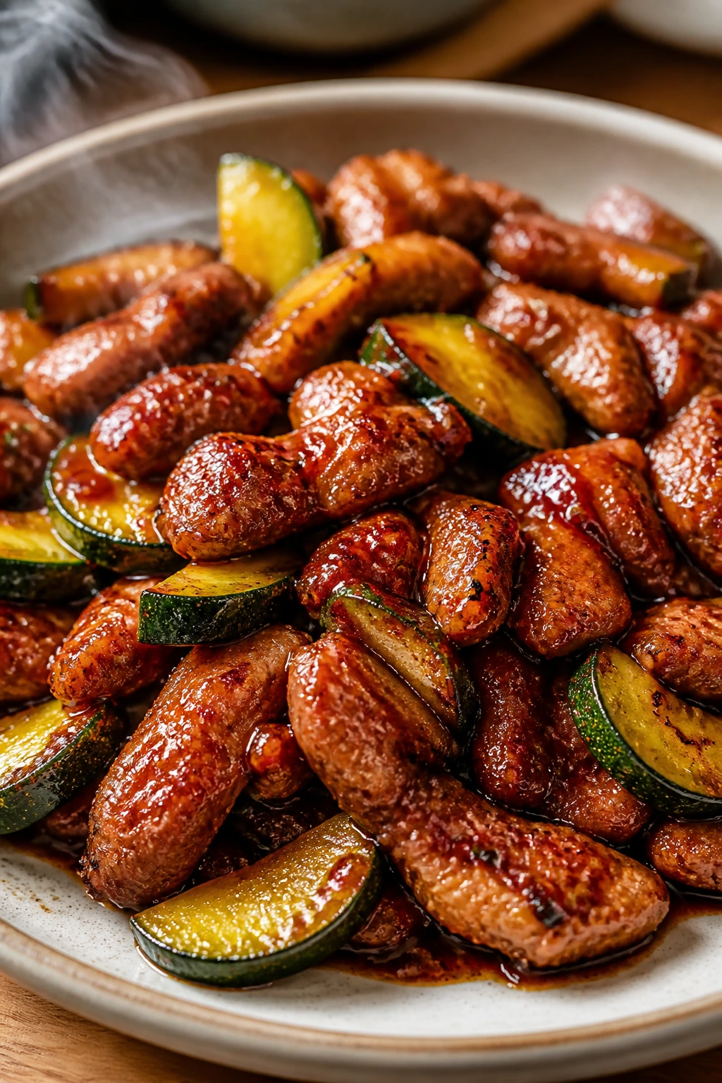 Close-up of gochujang chicken with zucchini on plate