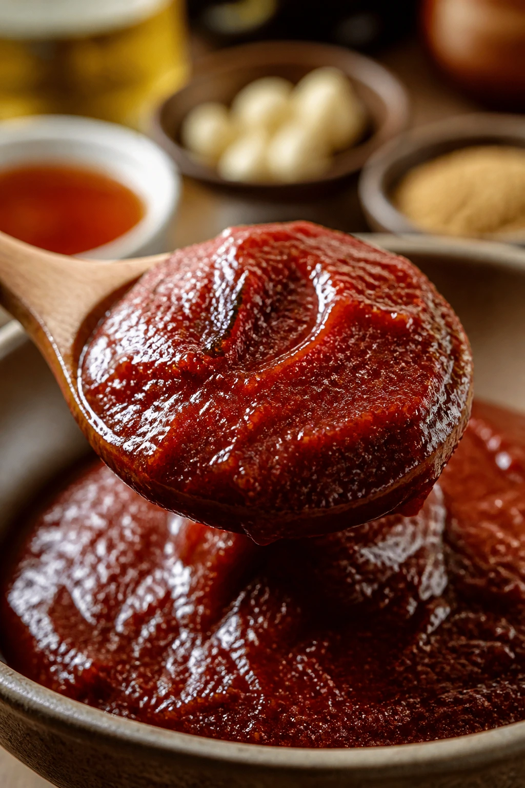 Gochujang on spoon highlighting red backbone of bibimbap sauce