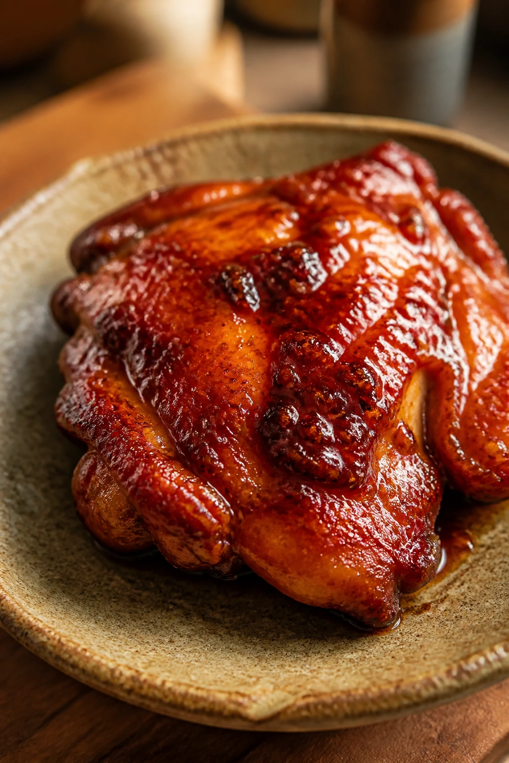 Glossy gochujang-glazed chicken thigh on a rustic plate