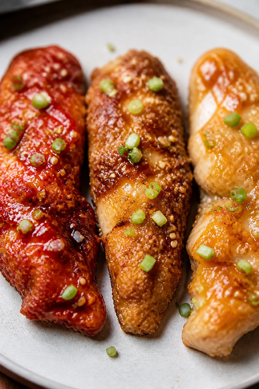 Plate with three crispy chicken pieces showing glaze variations