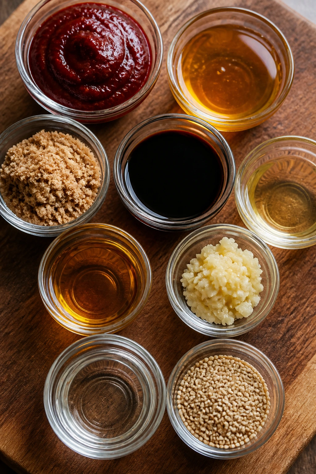 Key ingredients for bibimbap sauce laid out in bowls