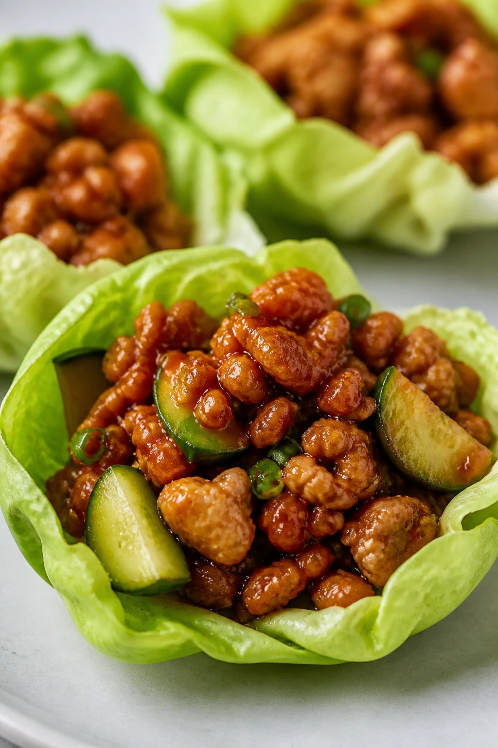 Gochujang chicken lettuce wraps with cucumber in a lettuce leaf