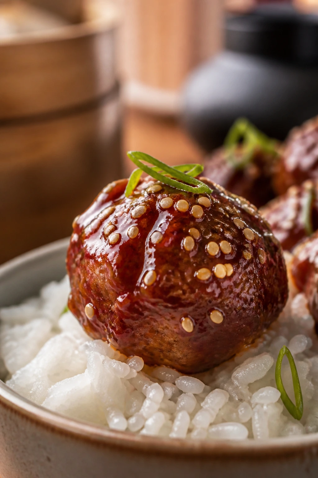 Gochujang meatball glazed and sesame on rice.