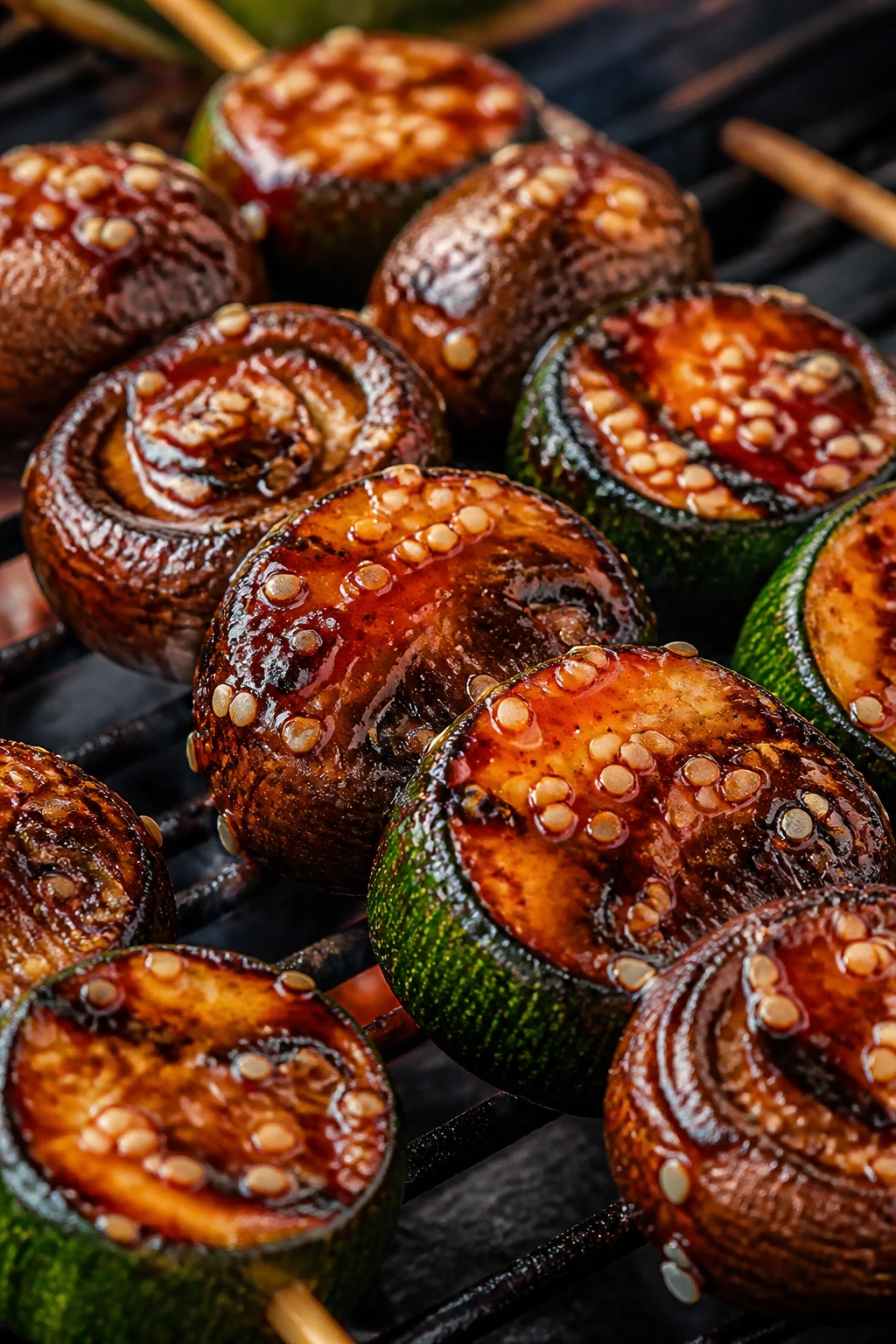 Close-up of gochujang glazed mushroom and zucchini skewers on a grill
