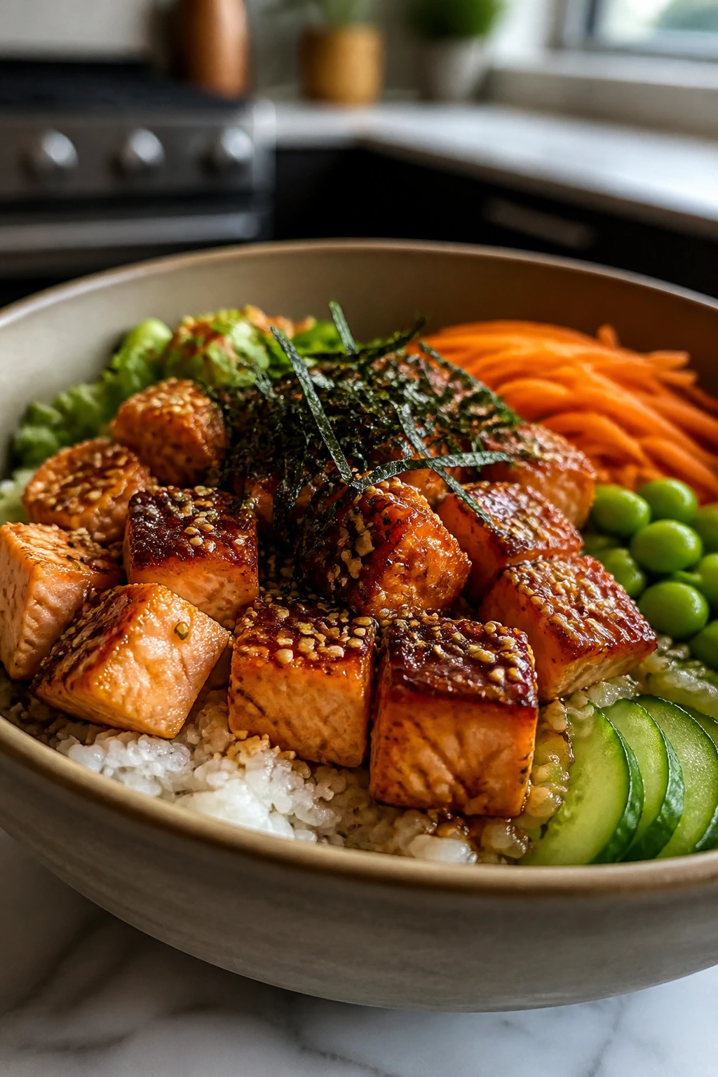 Gochujang sesame salmon poke bowl showing bold variation.