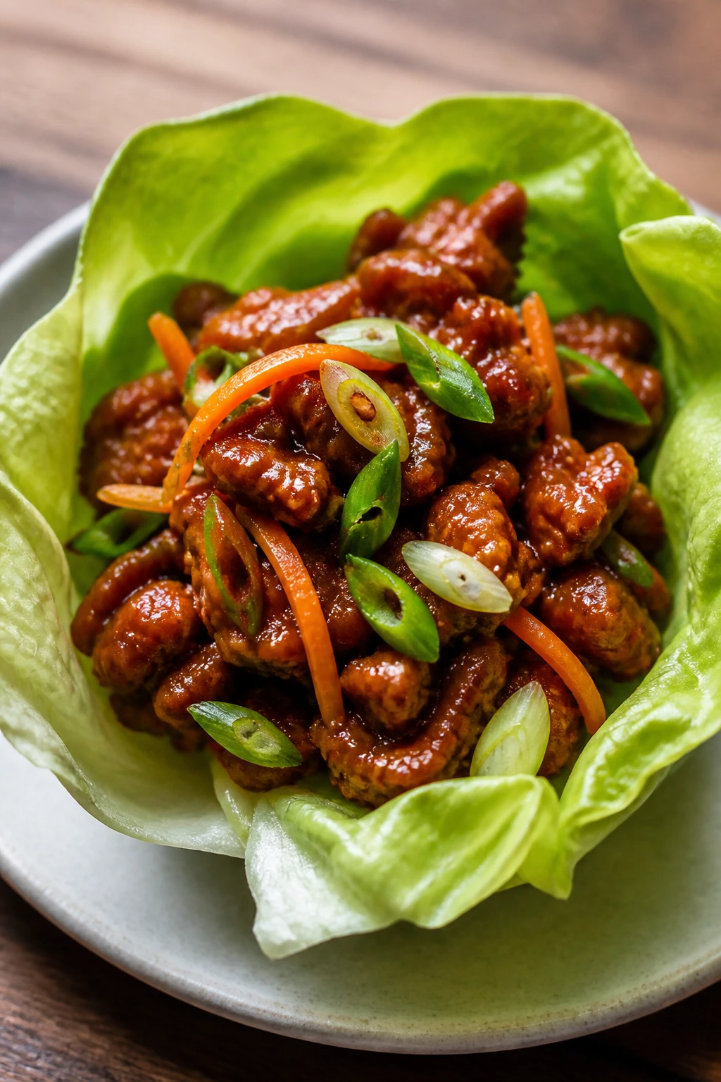 Close-up of a butter lettuce cup filled with gochujang pork