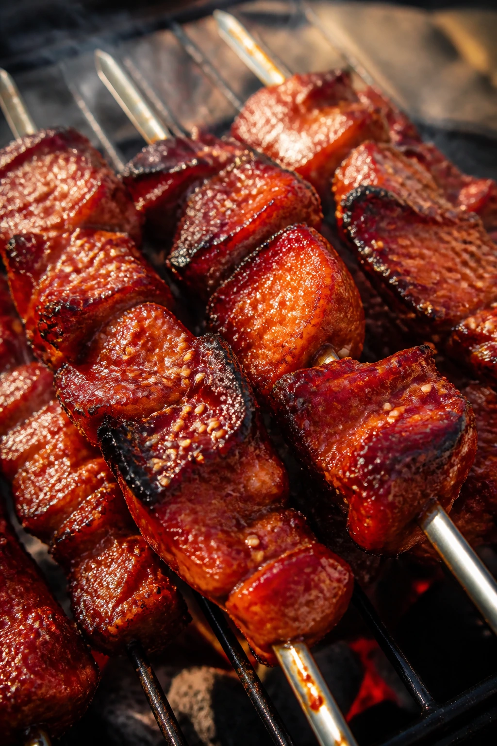 Close-up of Korean gochujang pork skewers with lacquered glaze on a grill