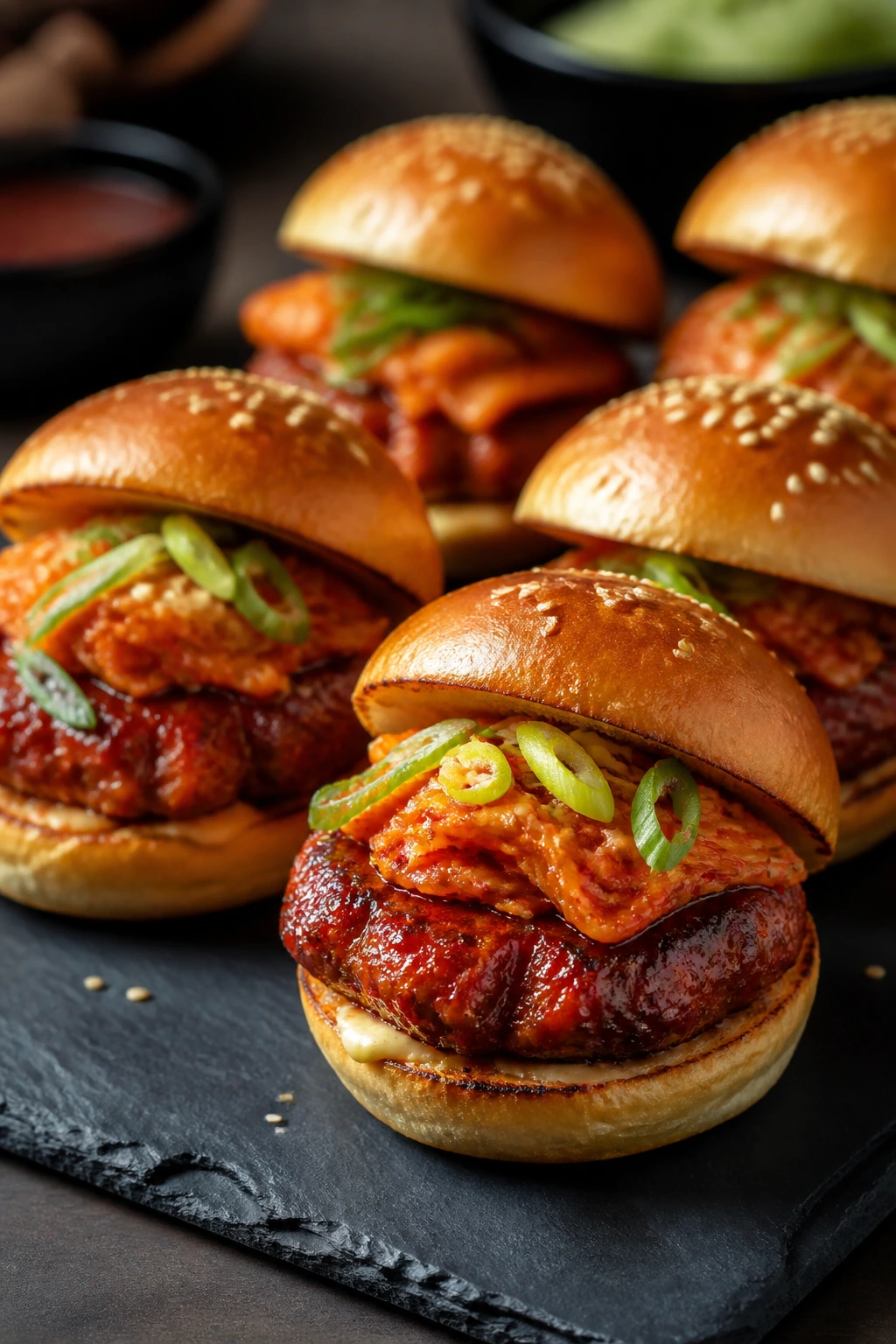 Glossy gochujang pork sliders with kimchi on a slate board