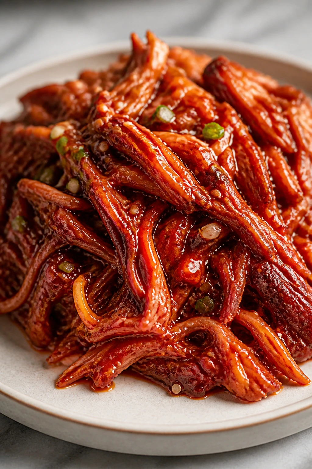 Close-up of gochujang-glazed pulled pork in a tangy sauce