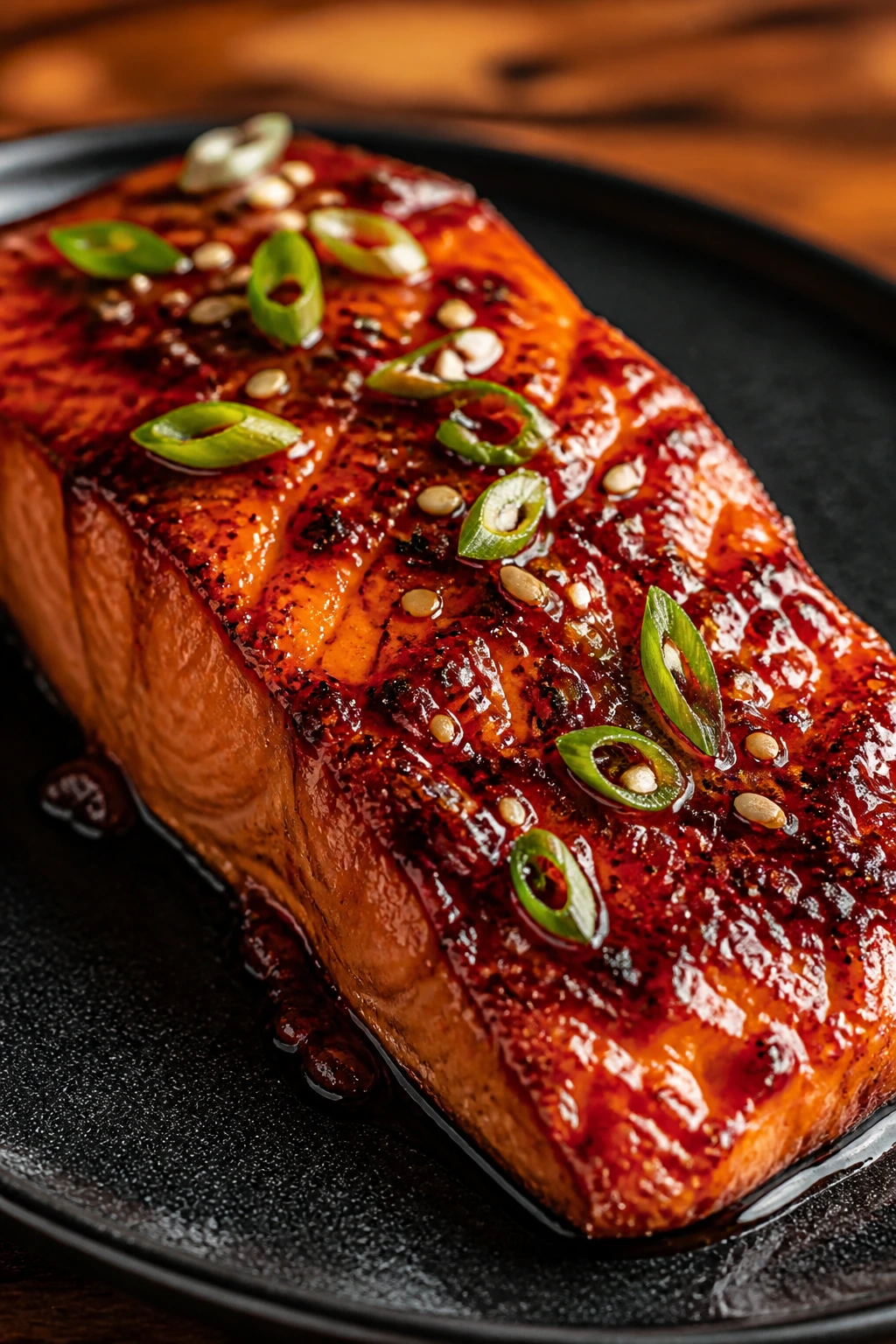 Close-up of salmon fillet with gochujang glaze