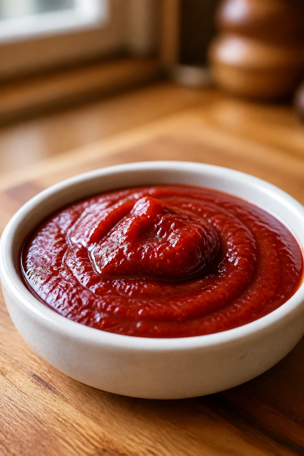 Close-up of glossy red gochujang sauce in a small dish on a warm kitchen counter