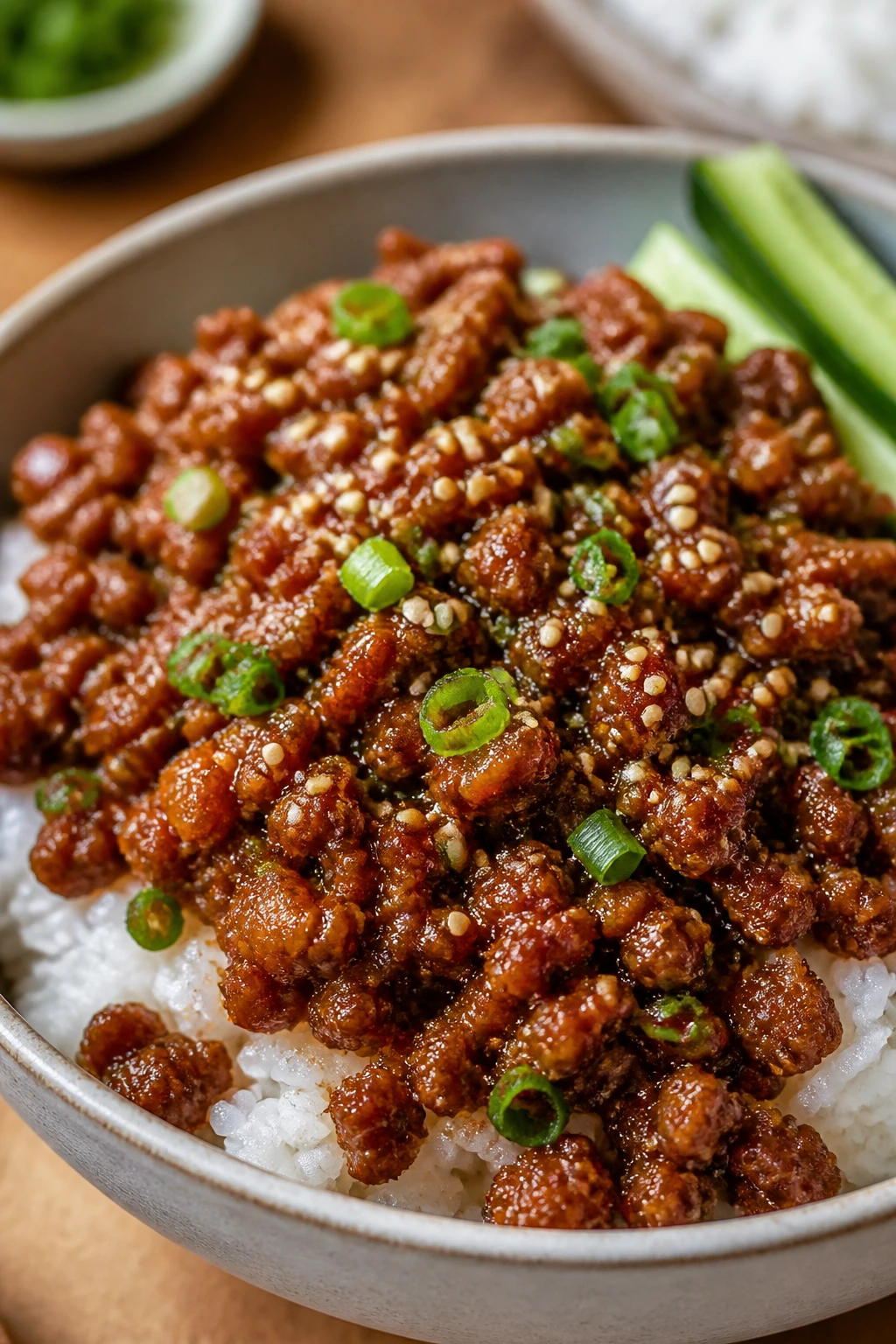 Sesame beef bowl with gochujang variation in sauce