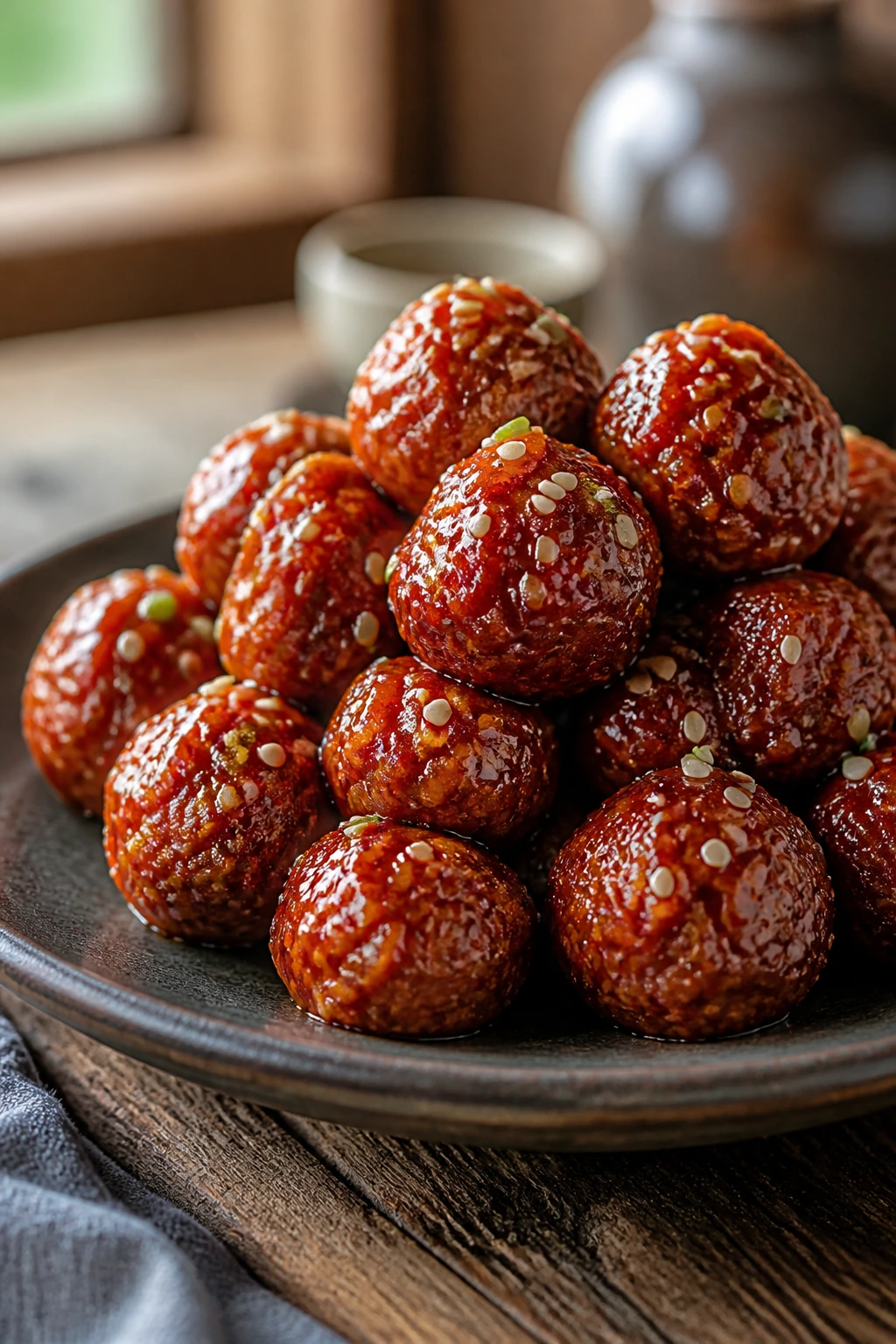 Close-up of glossy gochujang meatballs on a dark plate with sesame
