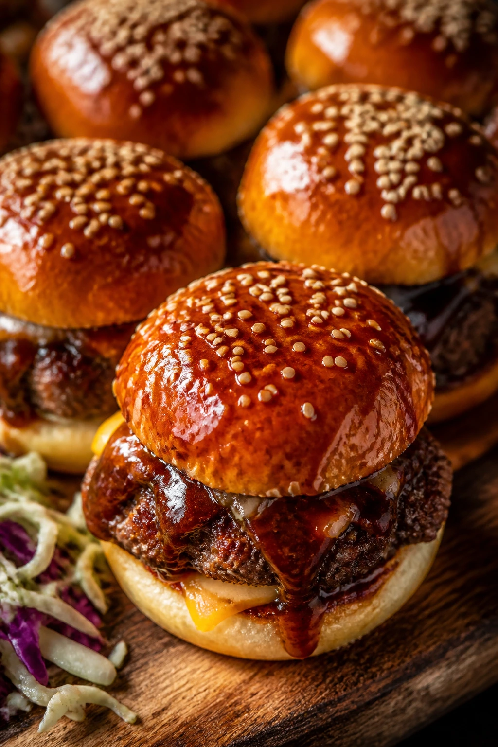Close-up of gochujang sesame sliders on a wooden board