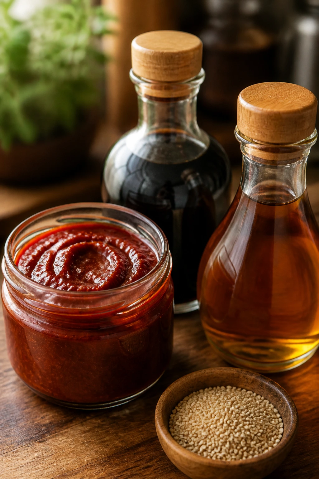Close-up of essential Korean pantry ingredients like gochujang, soy sauce, and sesame oil on a counter