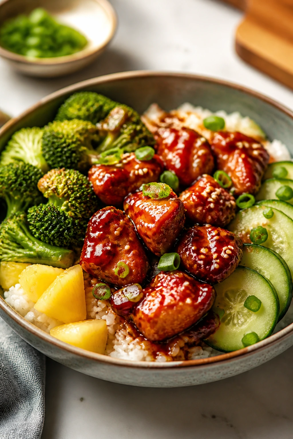 Gochujang teriyaki bowl with broccoli and cucumber, lacquered sauce.