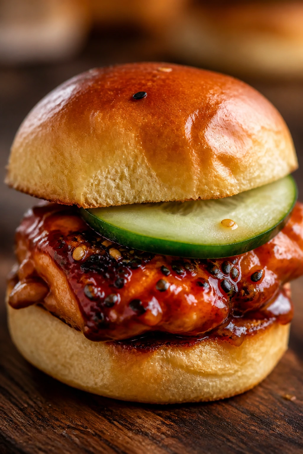 Close-up of spicy gochujang teriyaki chicken slider with cucumber on a wooden board