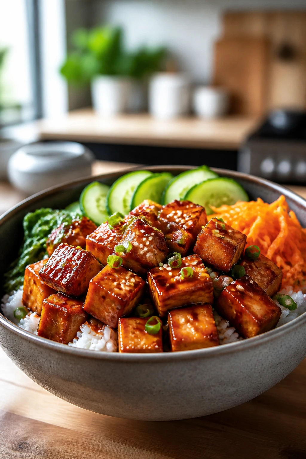 Crispy tofu cubes glazed with gochujang over rice with carrot and cucumber
