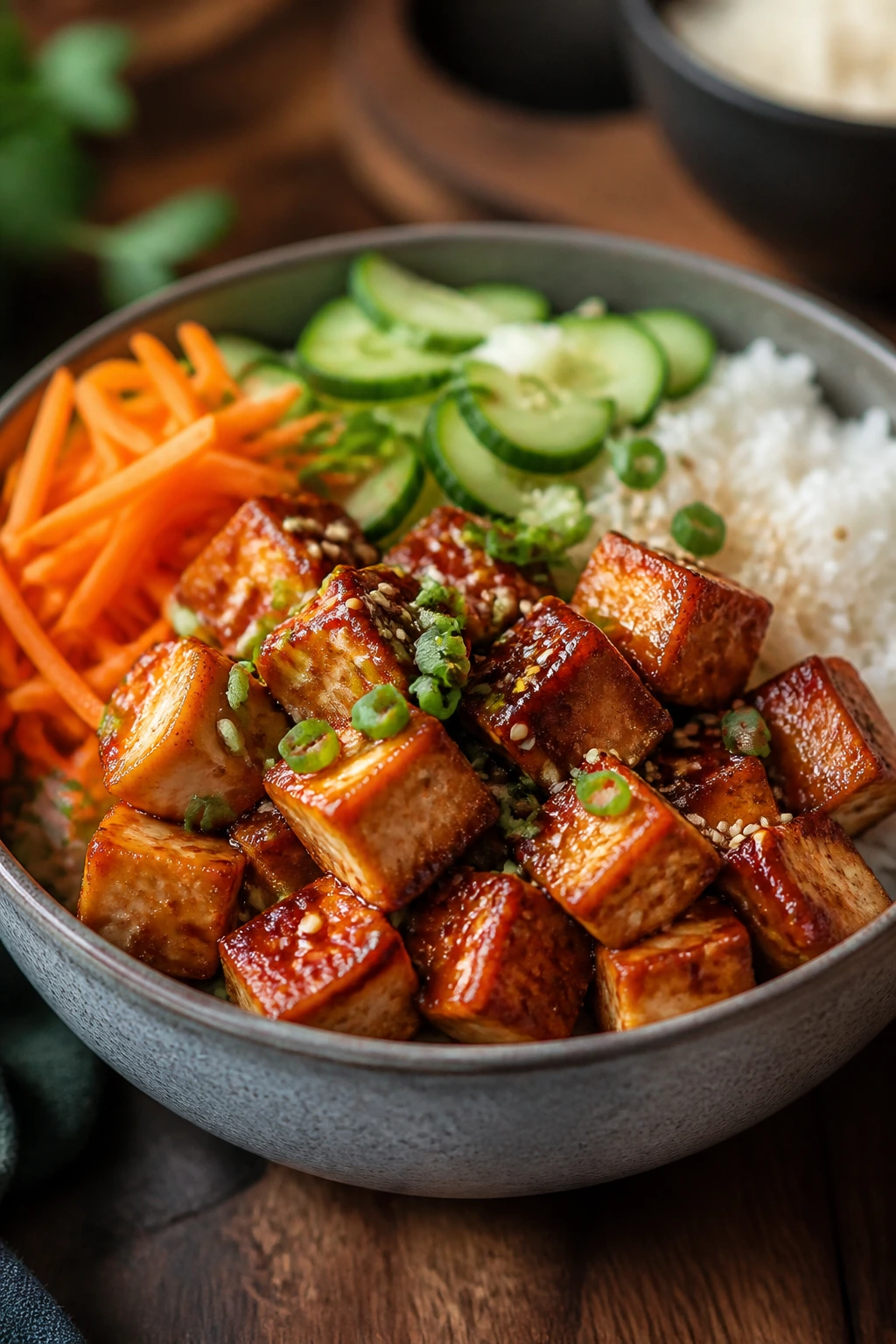 Close-up of Korean Gochujang Tofu Rice Bowl with tofu, rice, carrot, cucumber in warm kitchen