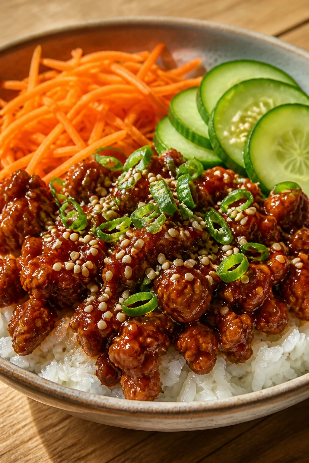 Bright gochujang turkey bowl with rice carrot and cucumber