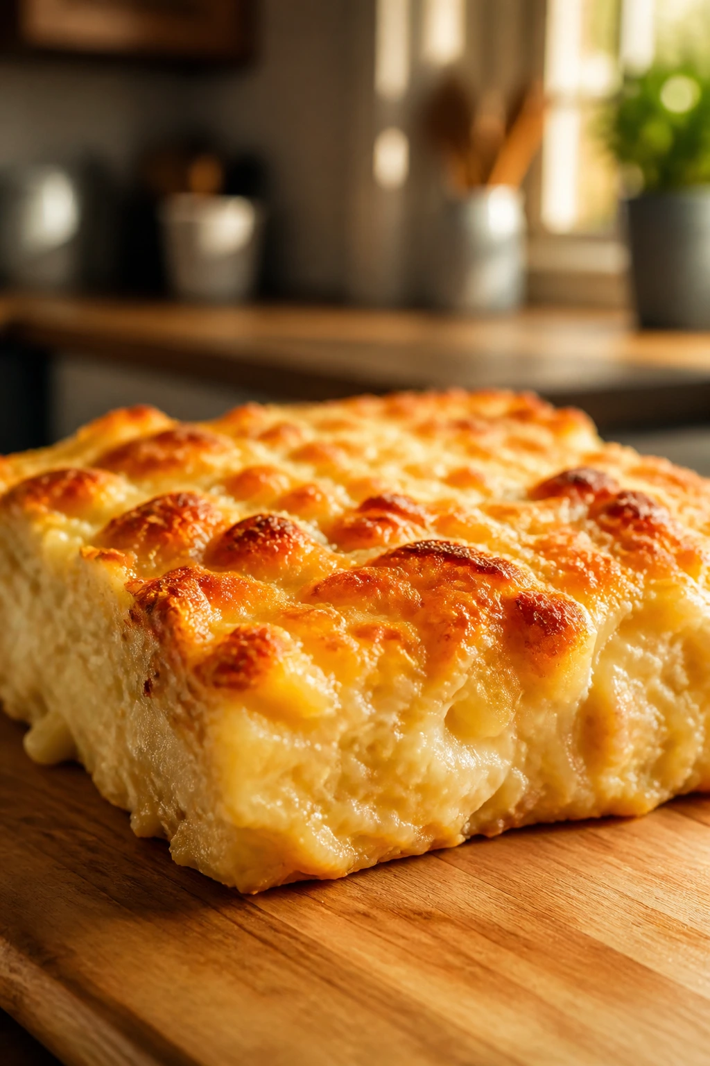 Close-up of a golden-brown cheese top on a casserole square in a cozy kitchen