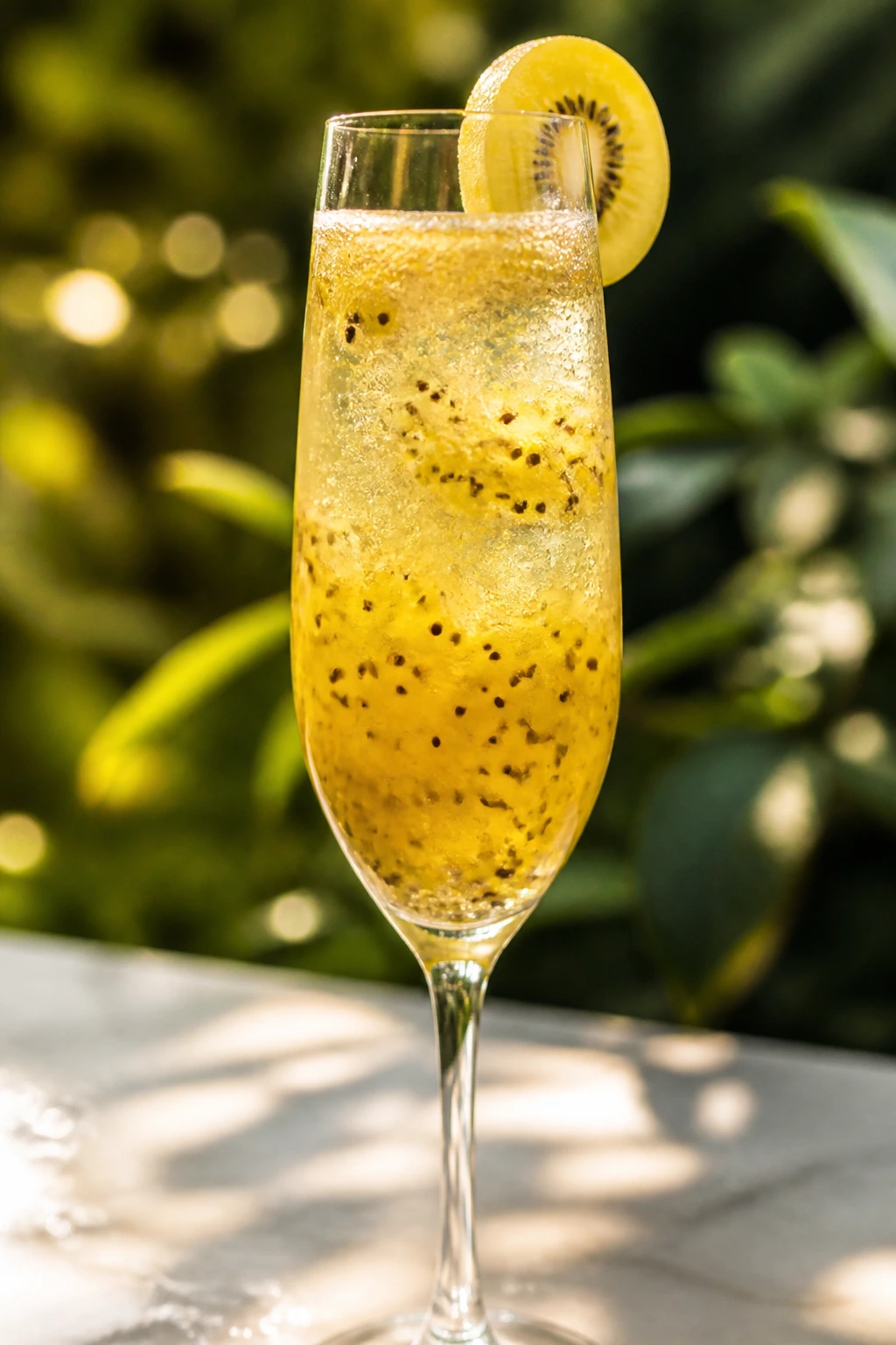 Flute of golden kiwi sparkler with kiwi garnish on a sunlit table