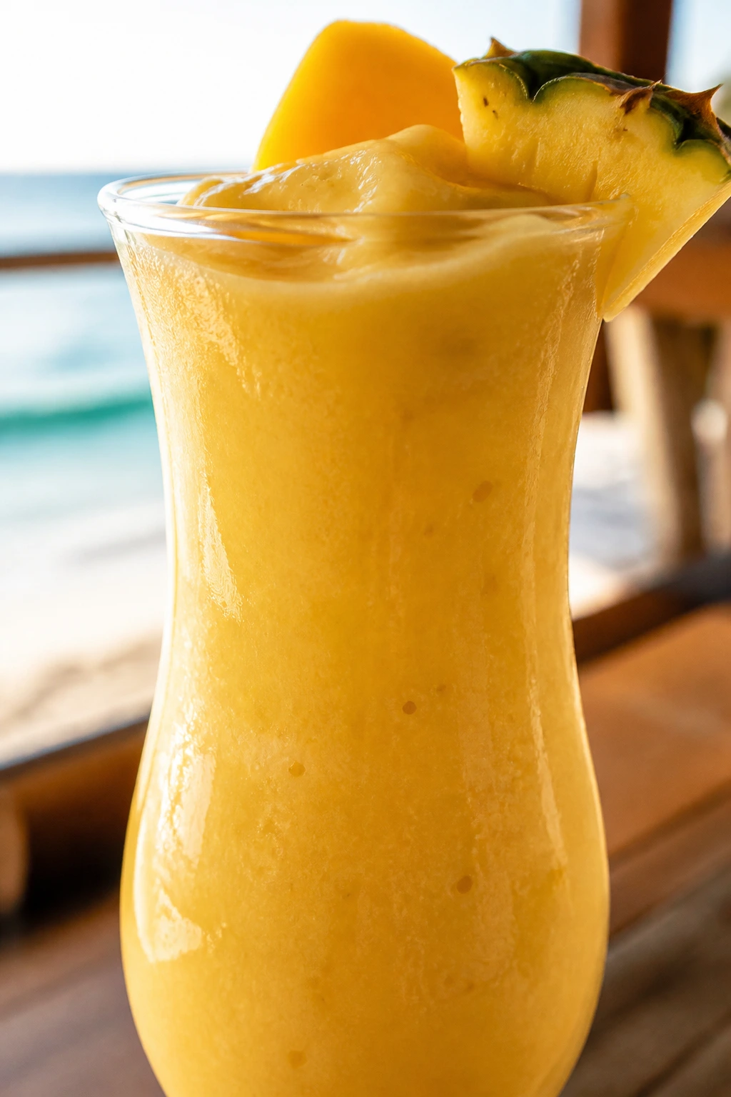 Golden Piña Colada smoothie in glass on beachside breakfast bar