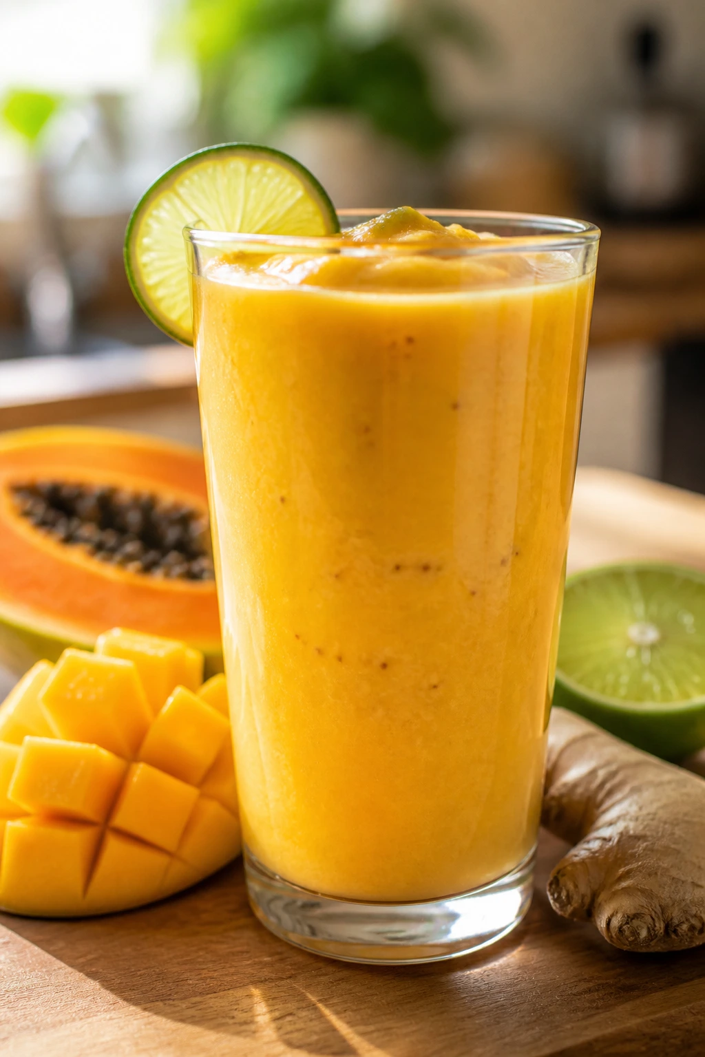Bright golden Mango Papaya Lime Smoothie in a glass on a sunlit kitchen counter