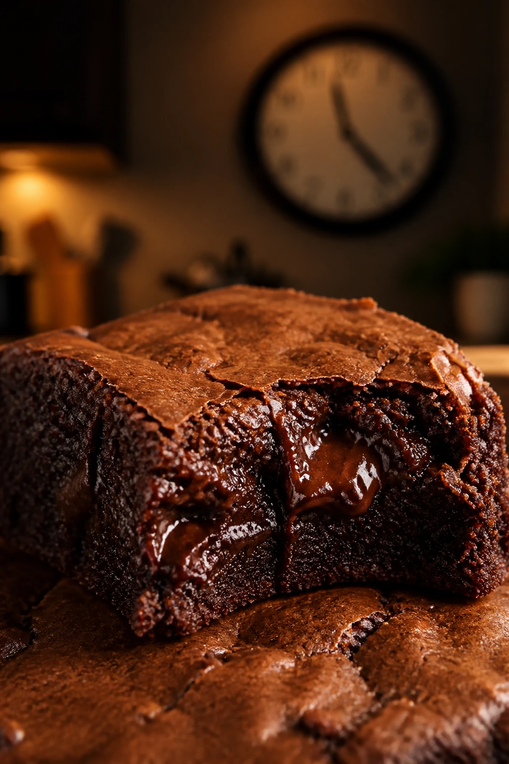 Gooey fudgy brownie with molten center in a cozy kitchen