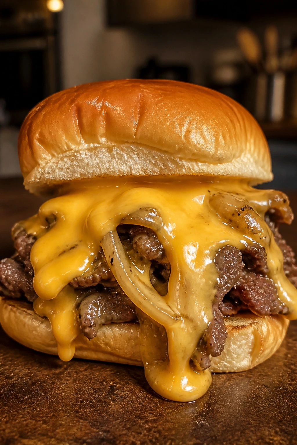 Gooey cheese slider on bun