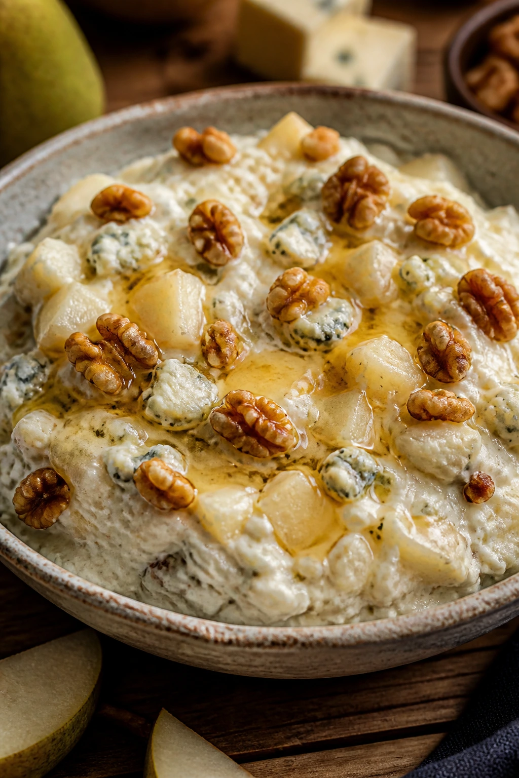 Creamy gorgonzola pear dip with walnuts and honey in a rustic bowl