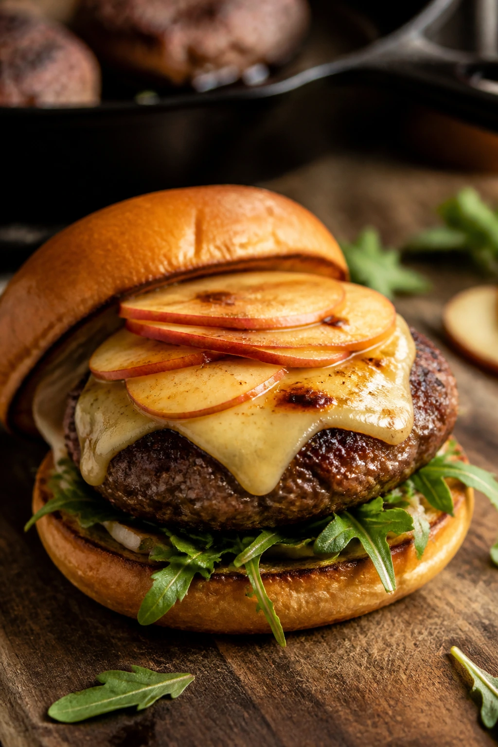 Beef burger with melted Gouda and apple slices on a wooden surface