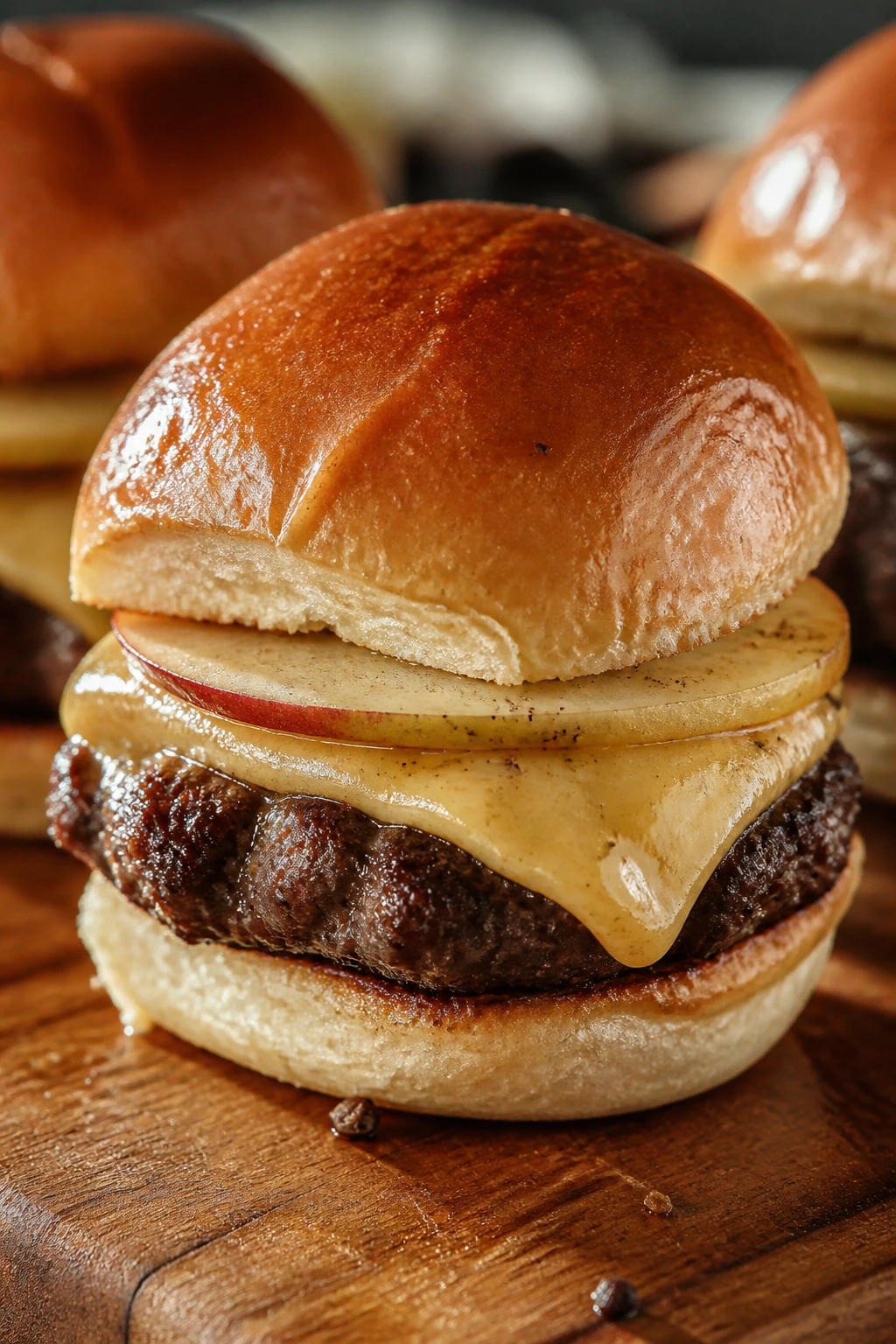 Close-up of Smoked Gouda and Apple Sliders with cheese and apple