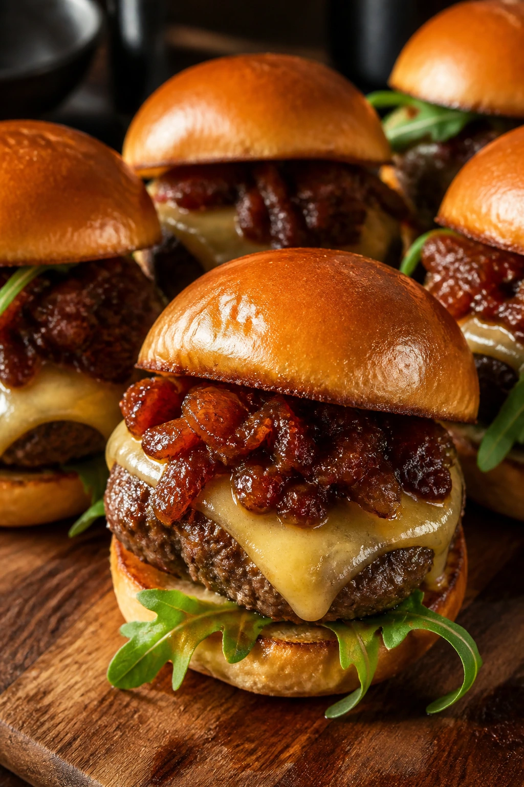 Sliders with smoked Gouda and bacon jam on a wooden board