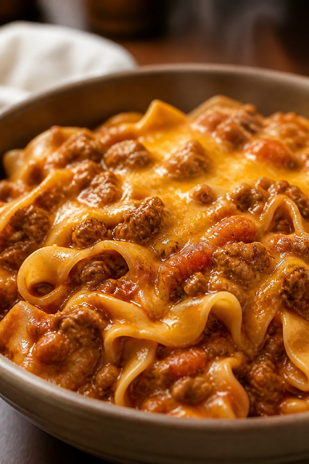 Close-up of goulash with egg noodles in a bowl