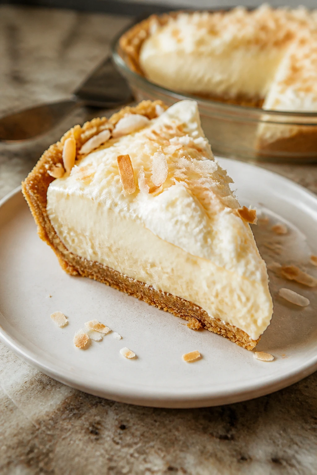 Slice of Graham Cracker Coconut Cream Pie on plate with coconut filling