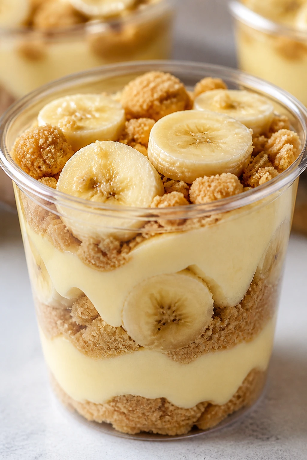 Layered pudding cup with graham crackers and banana on a kitchen counter