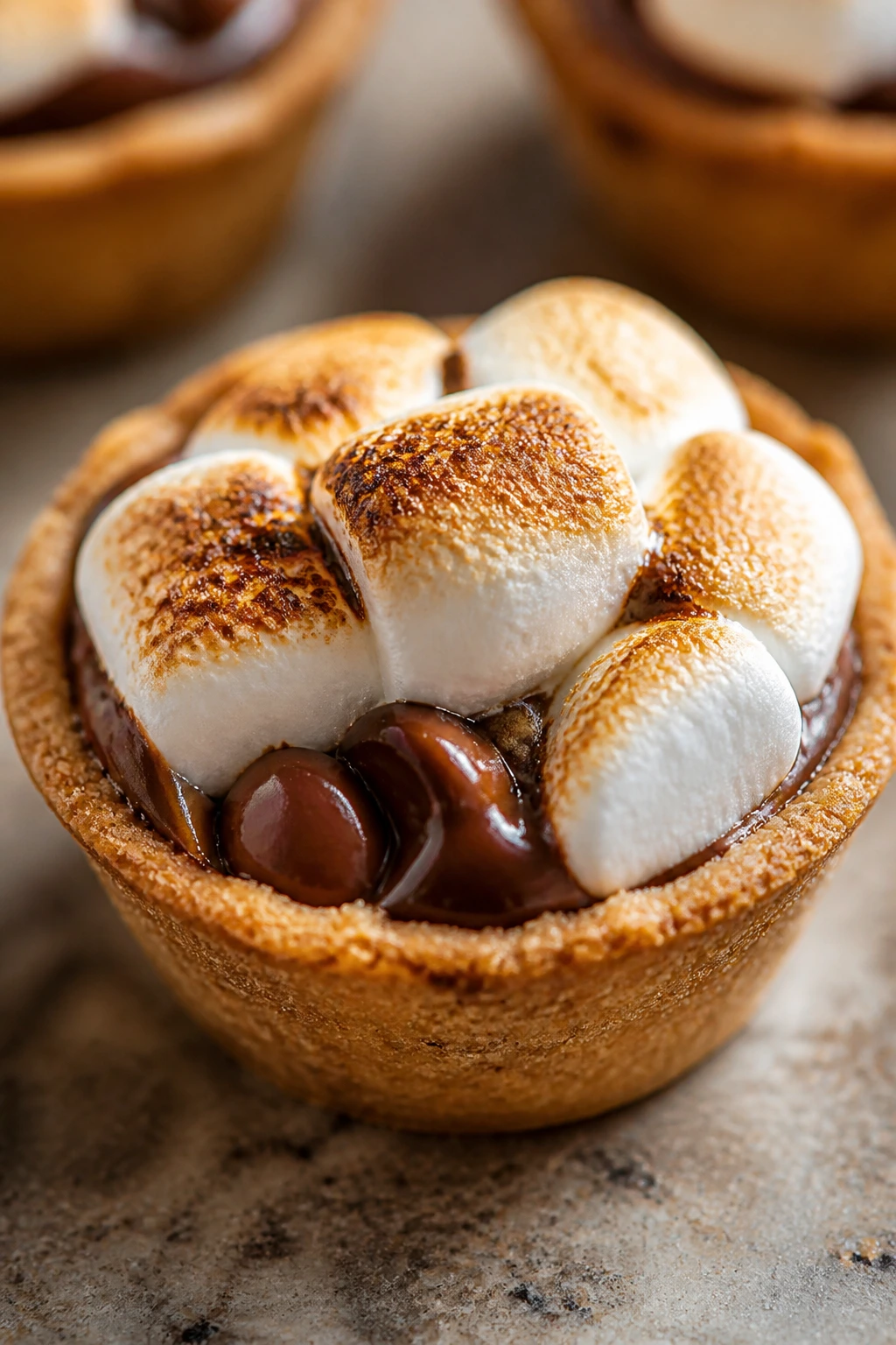 Mini graham cracker s'mores cup with melted chocolate and marshmallow tops