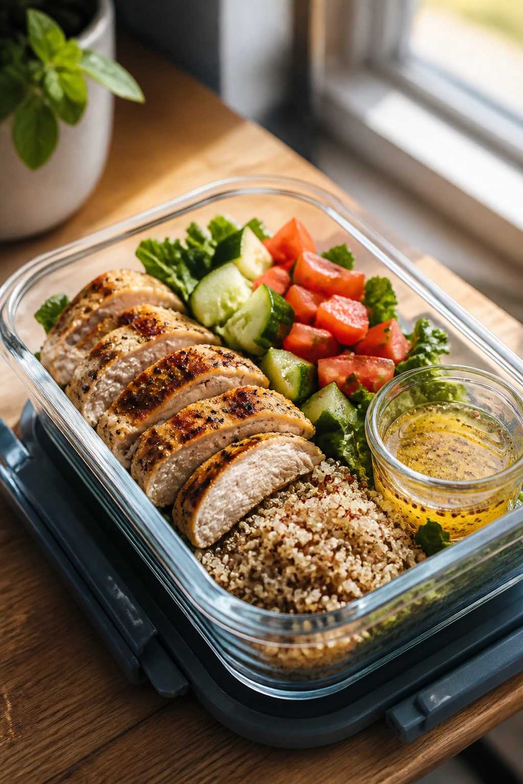 Close-up of a portable sturdy grain bowl with chicken, quinoa, greens, cucumber, tomato
