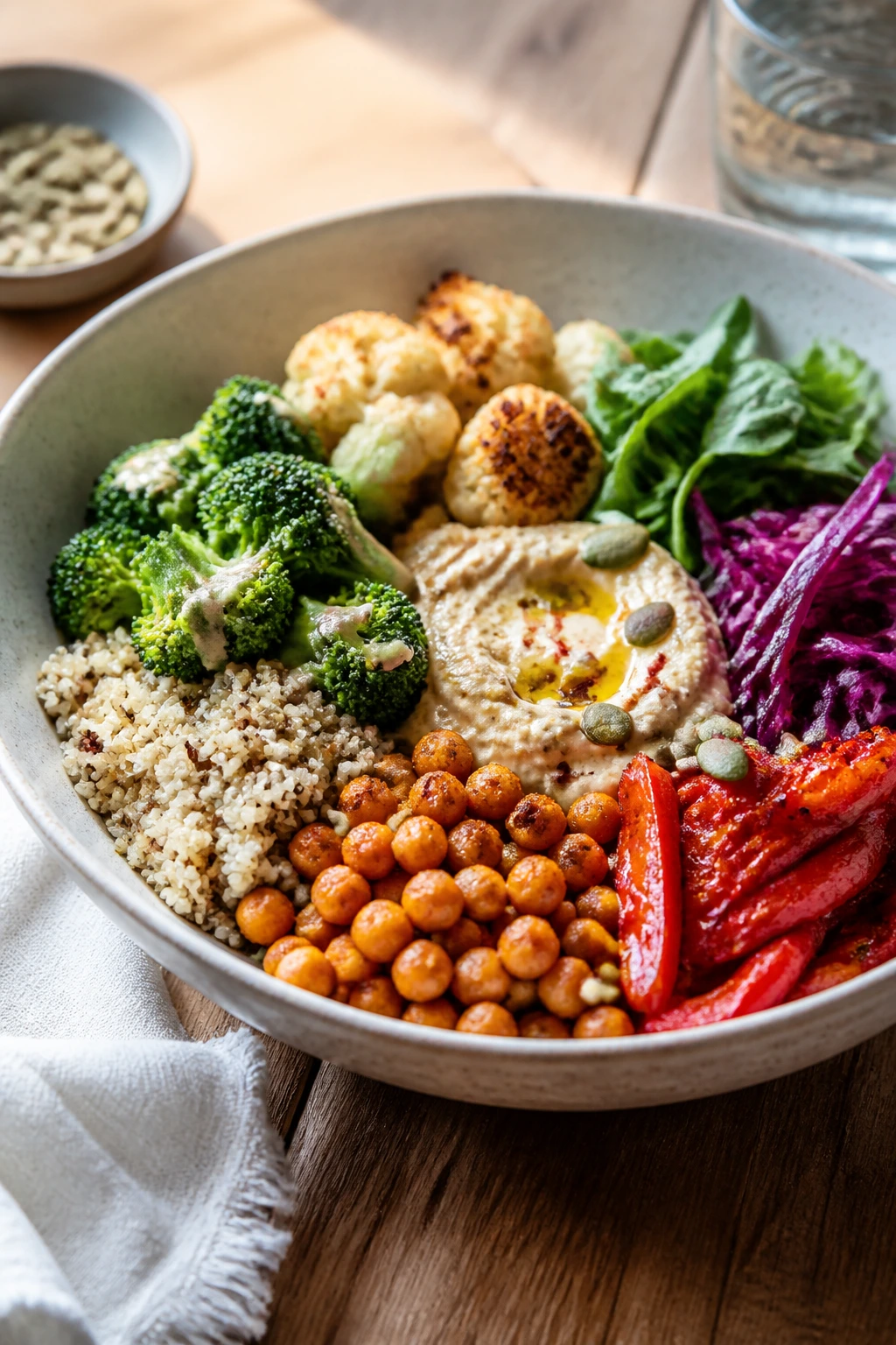 Vibrant grain bowl served in a shallow bowl, showcasing serving ideas for veggie meals.