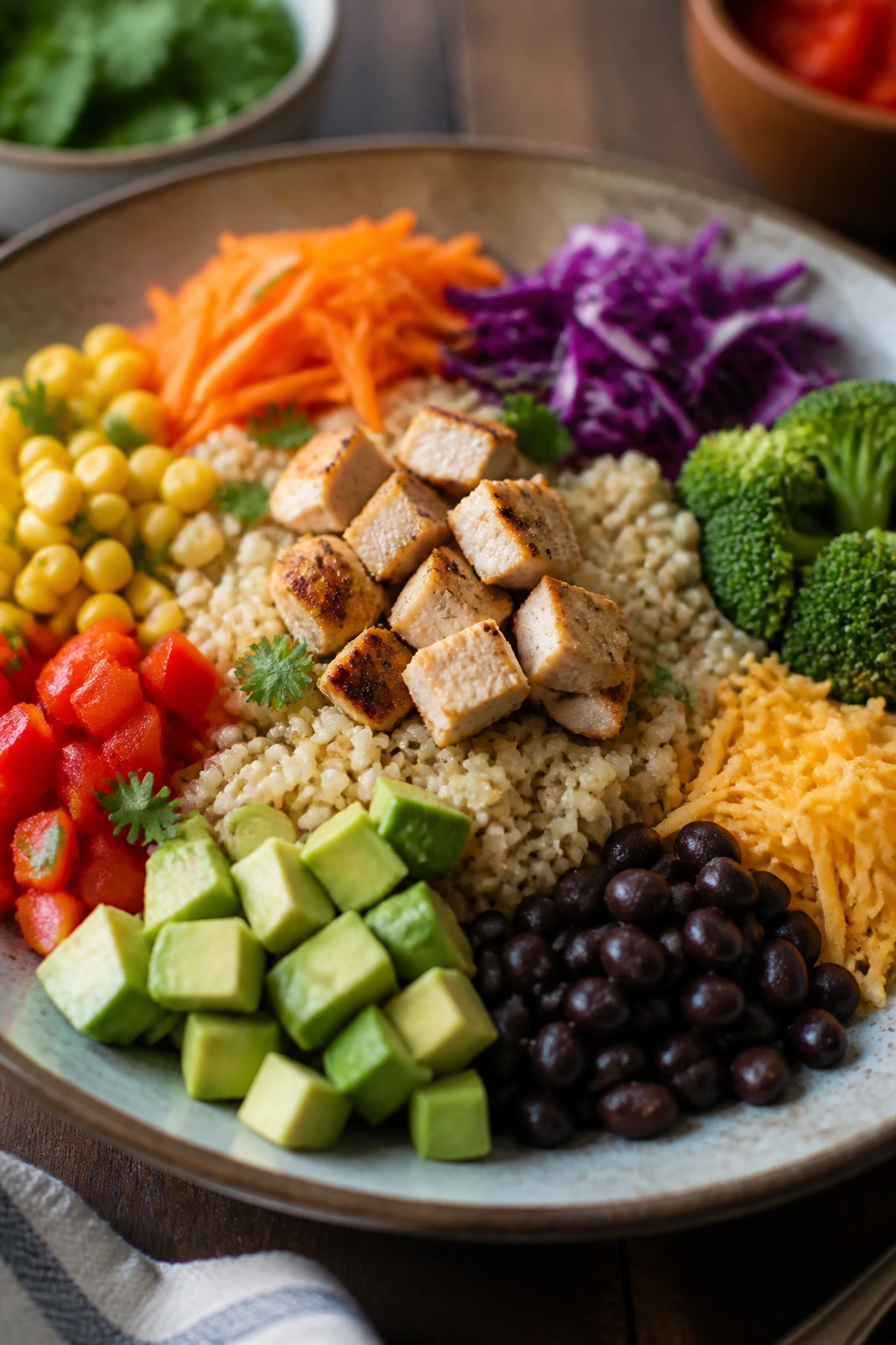 Colorful grain bowl with varied toppings for customization